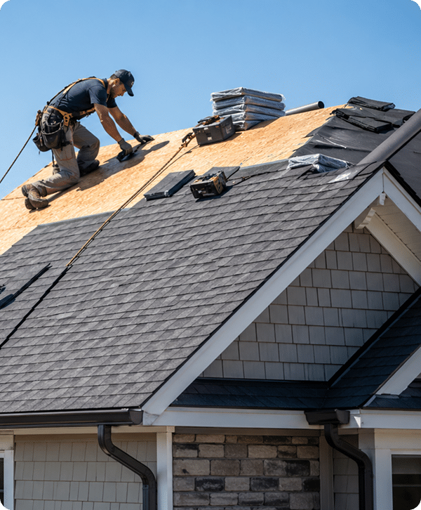 Roofer installing new roofing shingles on a home