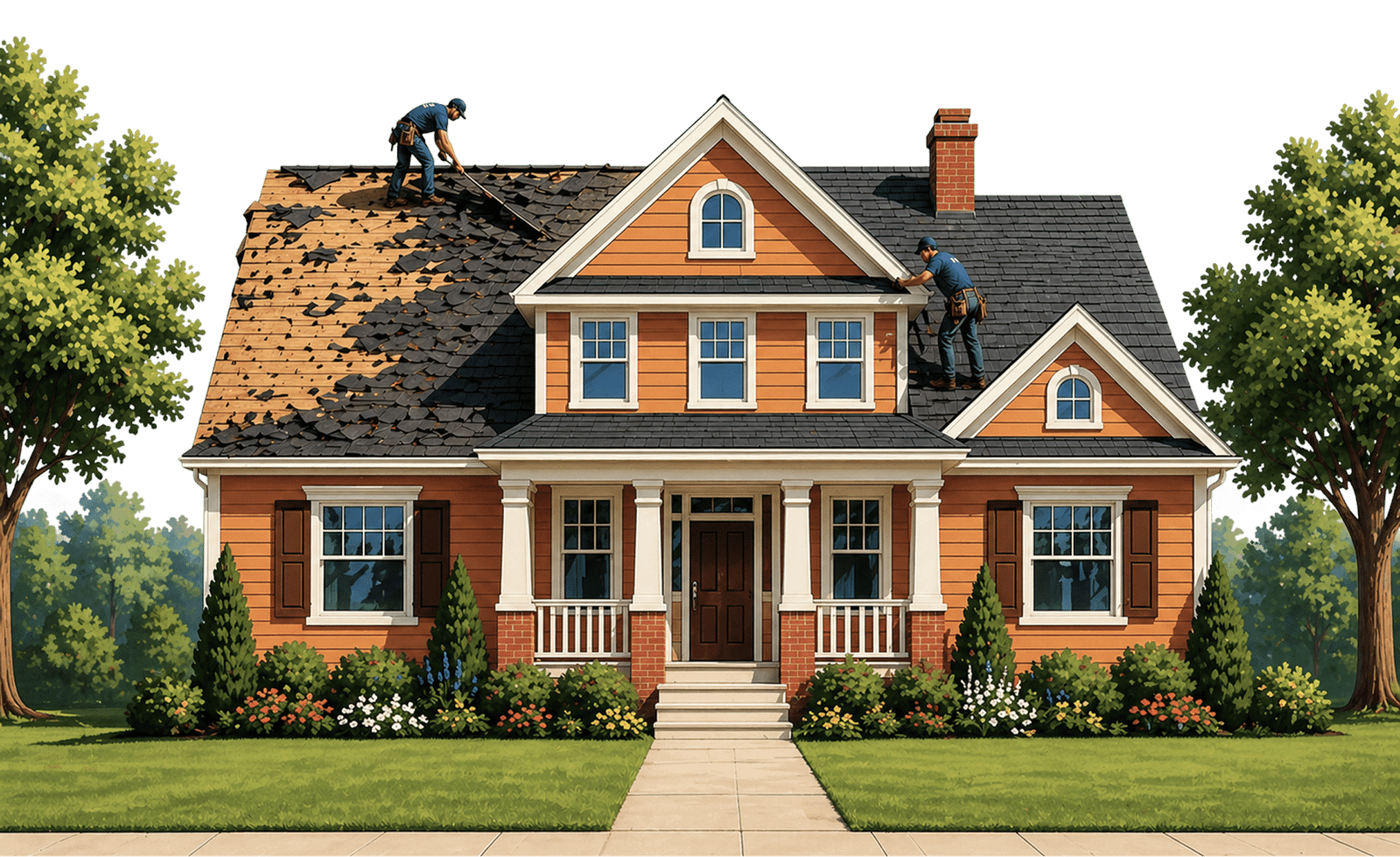 Roofers installing roofing shingles on a home